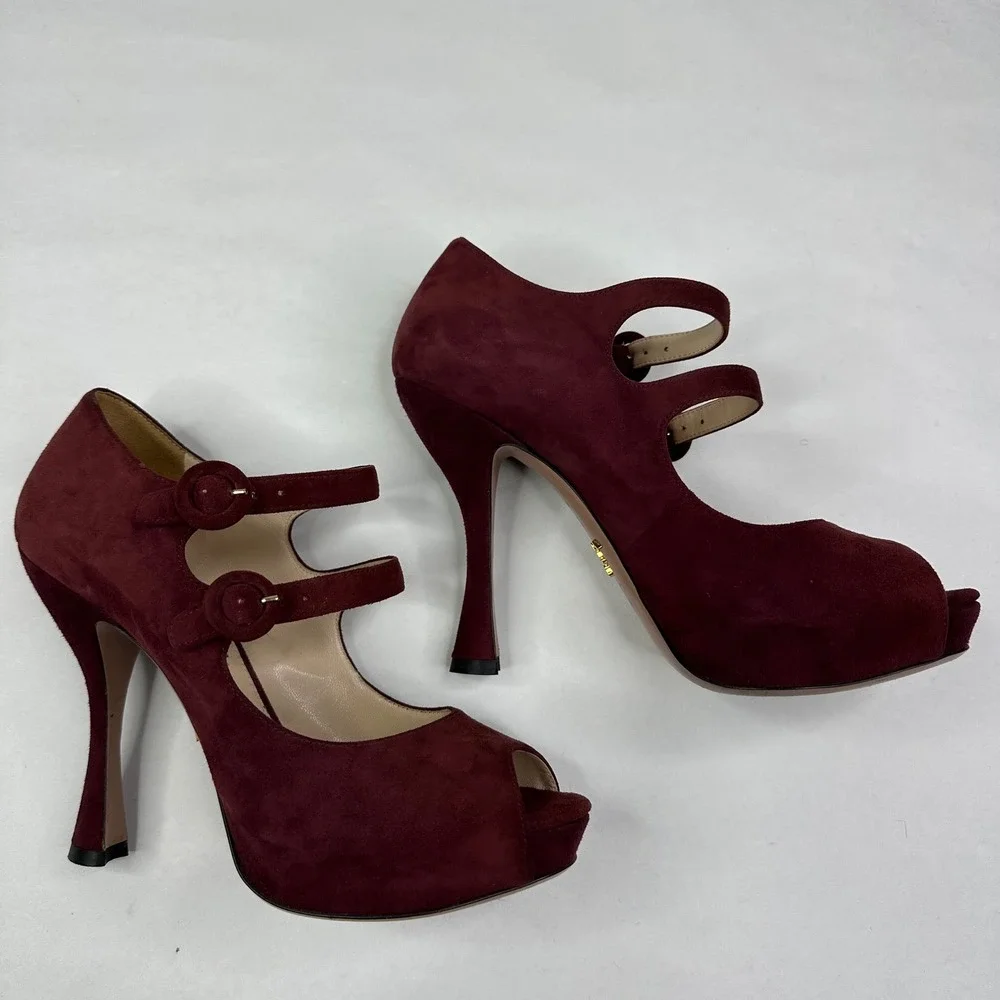 Prada Burgundy Suede Double Strap Mary Jane Peep Toe Platform Heels Size 37.5